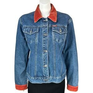 Ethyl Denim Jean Jacket Womens Large Corduroy Trim Blue Orange Classic Type 2